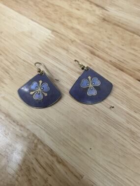 Laurel Burch Dangle Enamel Earrings PLUM BLOSSOM Gold Tone Blue Teal Lavender